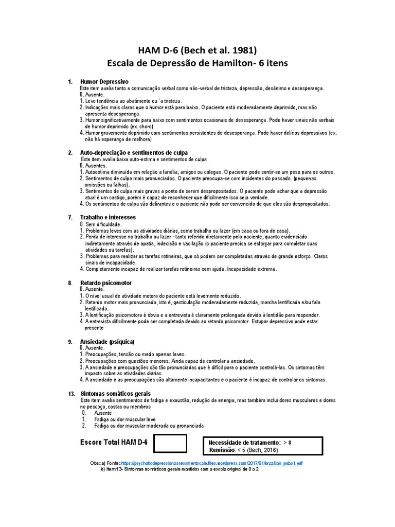 HAM-D 6 Versão PDAS | PDF | Depressão | Dor