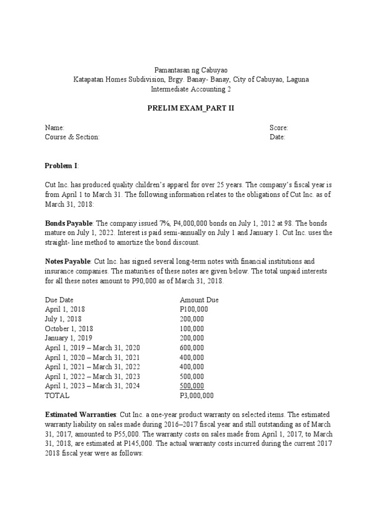 Intermediate Accounting 2 Prelim Exam | PDF | Bonds (Finance) | Dividend
