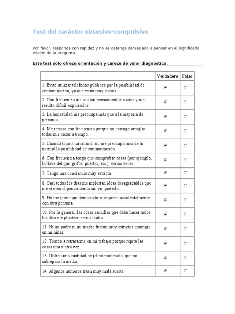 Test de Carácter Obsesivo-Compulsivo | PDF