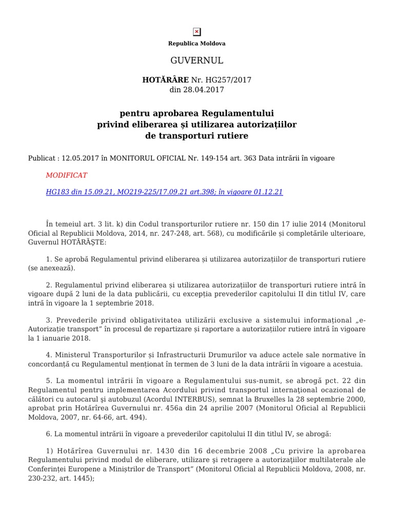 Regulamentului Autorizatii de Transport | PDF