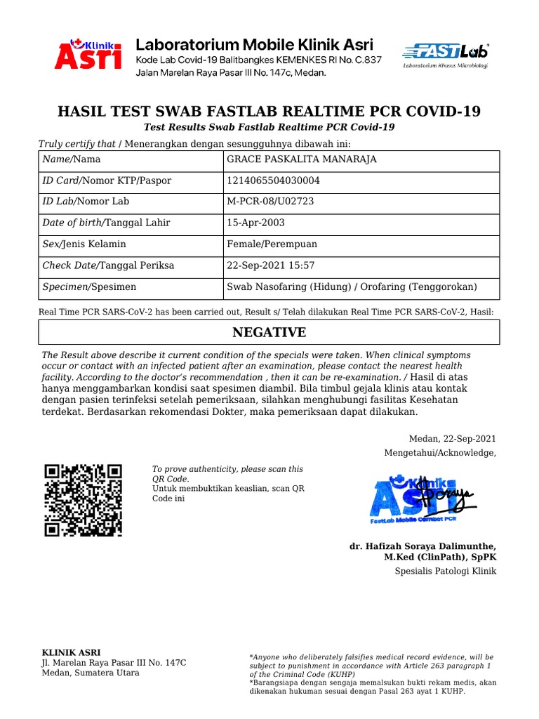 Hasil Swab PCR COVID-19 Negatif | PDF