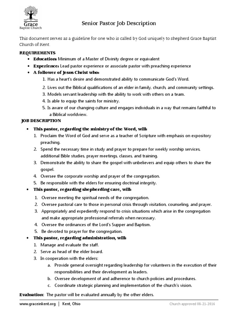 Senior Pastor Job Description | PDF | Pastor | Elder (Christianity)