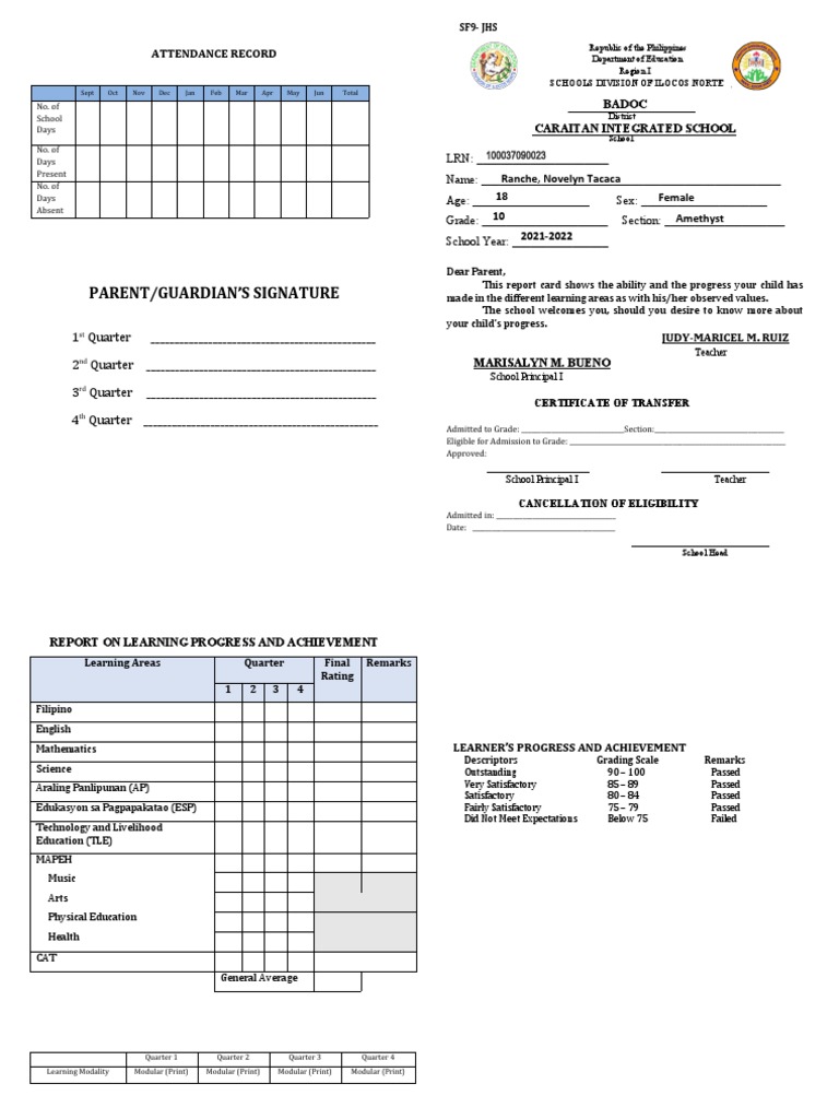 Grade 10 Report Card Summary | PDF