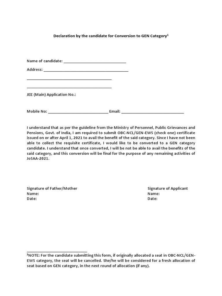 Conversion to GEN Category Declaration | PDF
