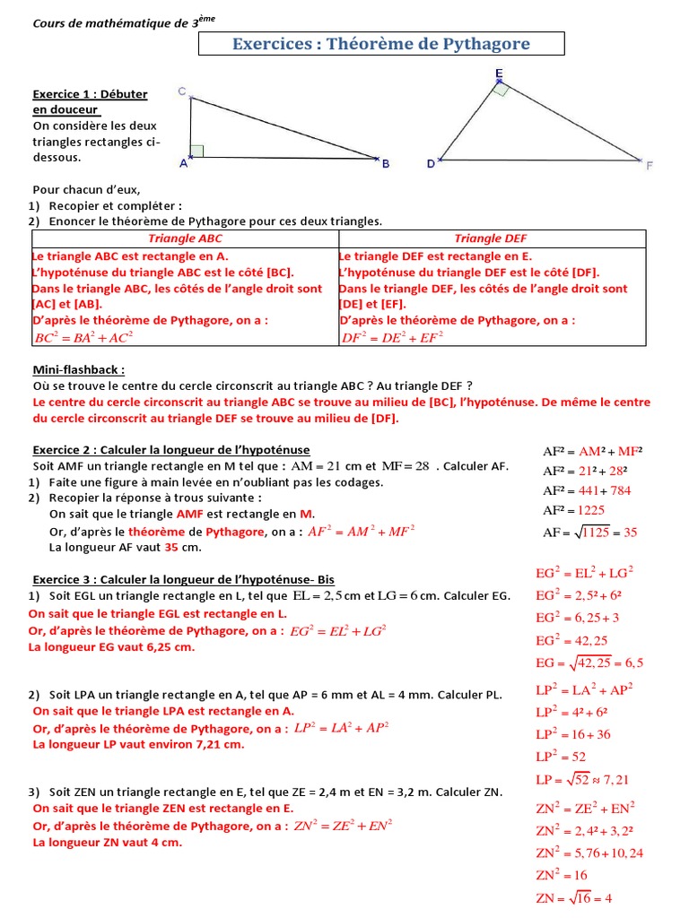 Exercices sur le théorème de Pythagore 3ème PDF Triangle Formes — free download