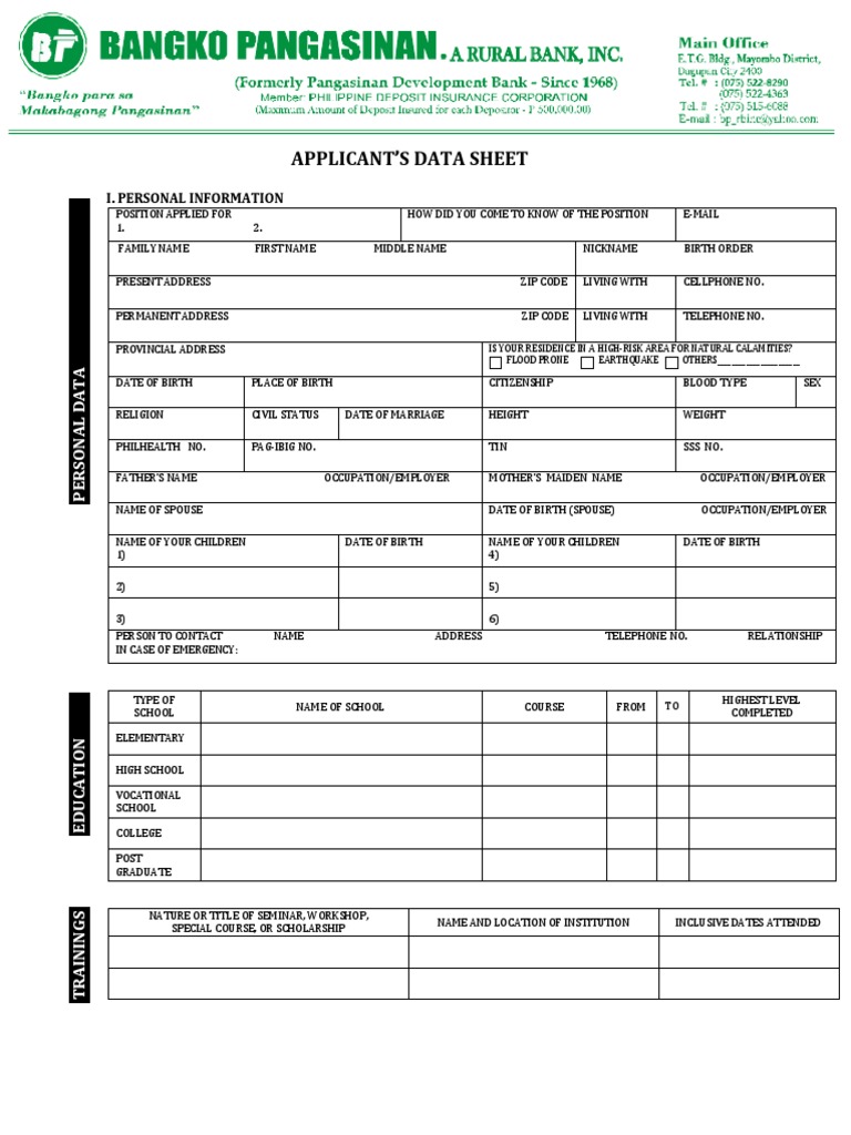 Applicant Data Sheet for Employment | PDF