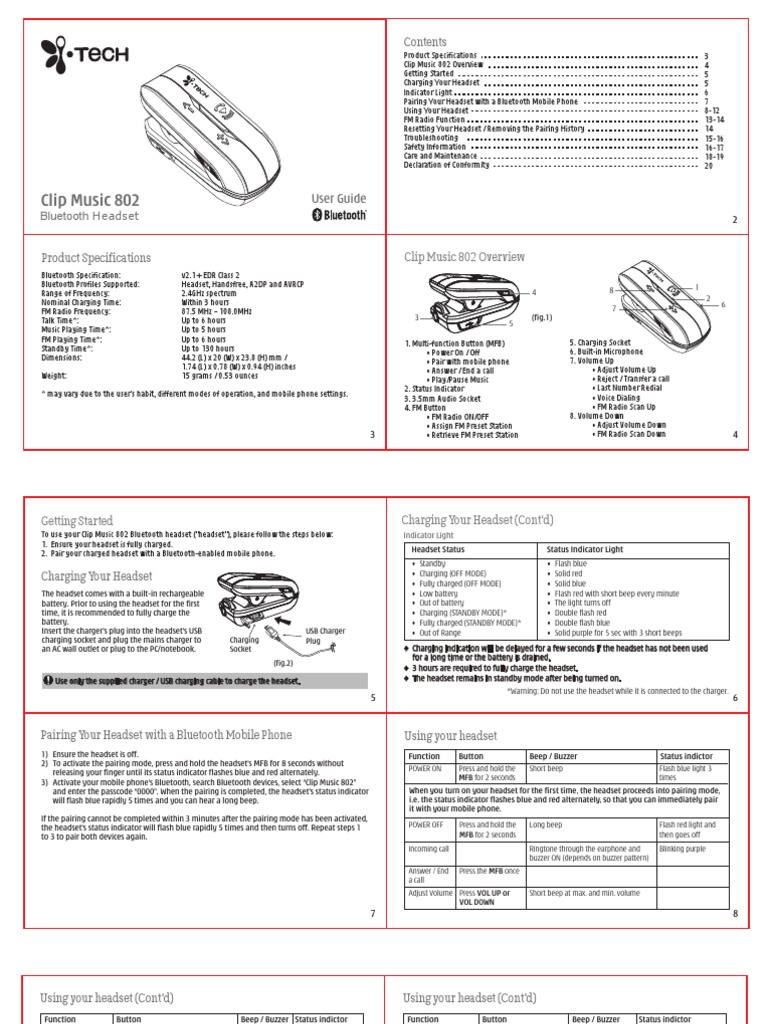 Clip Music 802 English Manual | Battery Charger | Bluetooth