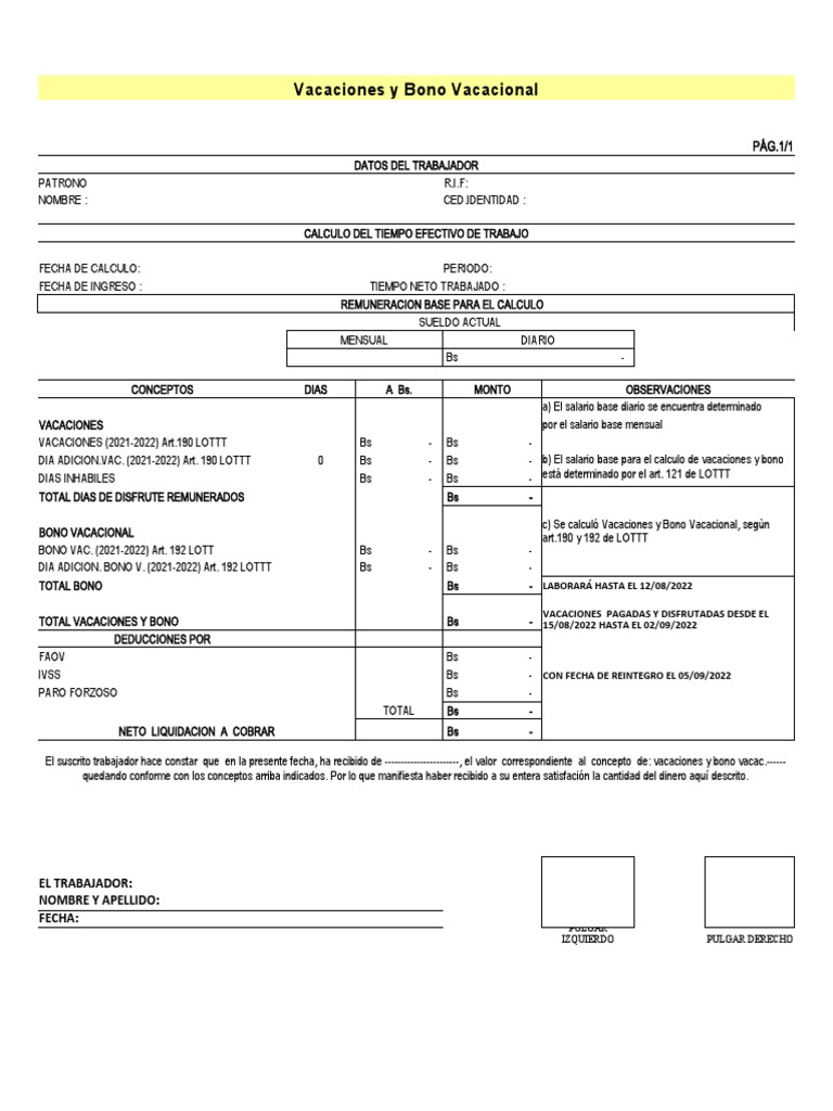 Modelo Recibo de Pago de Vacaciones y Bono | PDF | Salario
