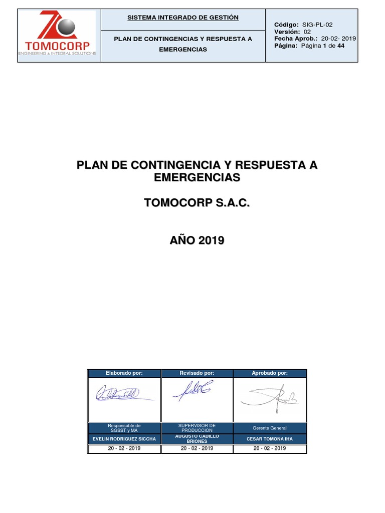 Plan Emergencias TOMOCORP 2019 | PDF | Seguridad y salud ocupacional ...