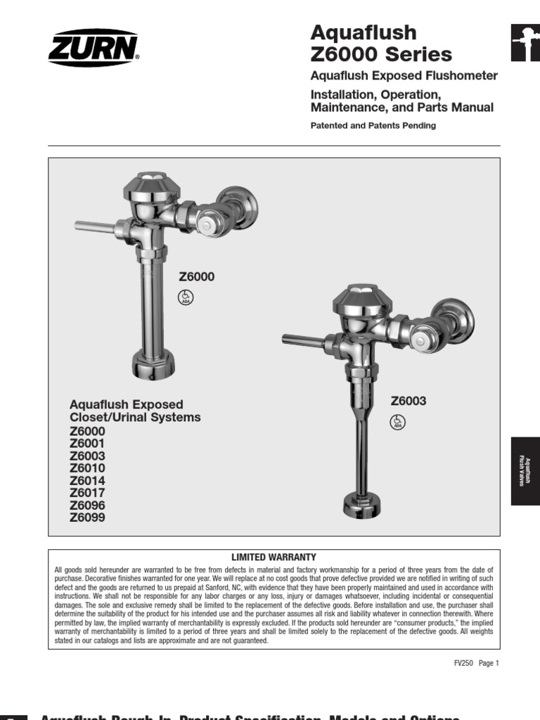 Zurn Aquaflush z6000 Manual PDF Valve Pipe (Fluid Conveyance)