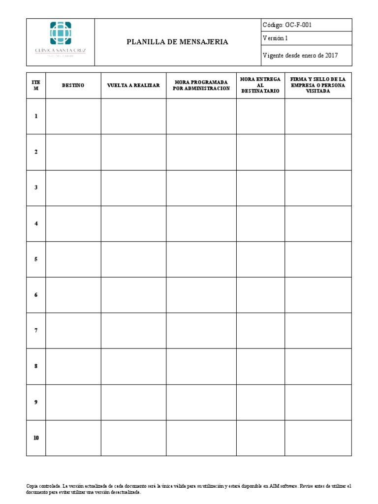 Planilla de Mensajeria | PDF