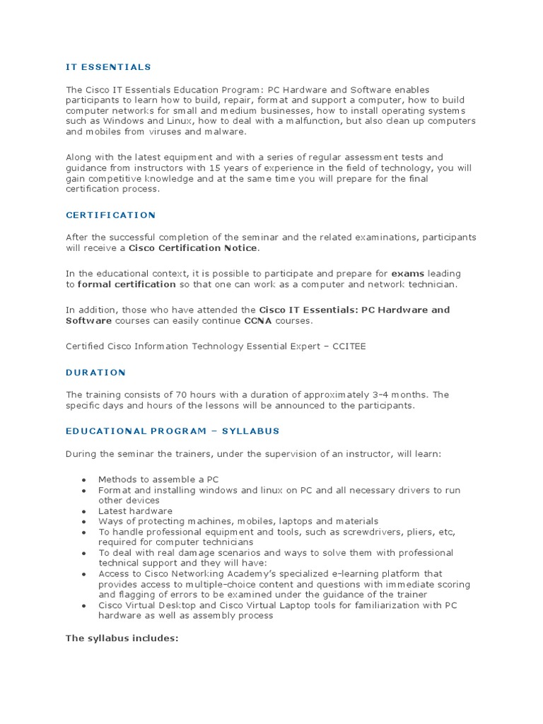 Cisco IT Essentials Course Overview | PDF | Operating System ...