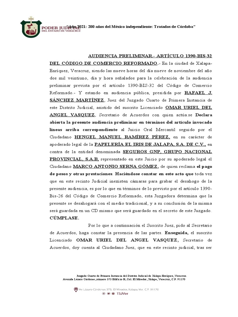 Ejemplo de Audiencia Preliminar Juicio Oral Mercantil PDF Demanda