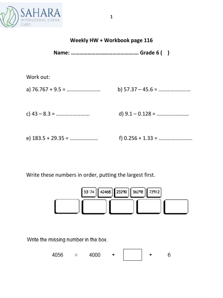 Weekly HW + Workbook Page 116 Name: . Grade 6 | PDF