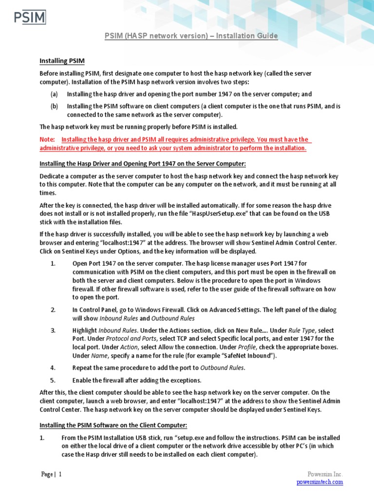 PSIM Installation Guide (Hasp Network) PDF Installation