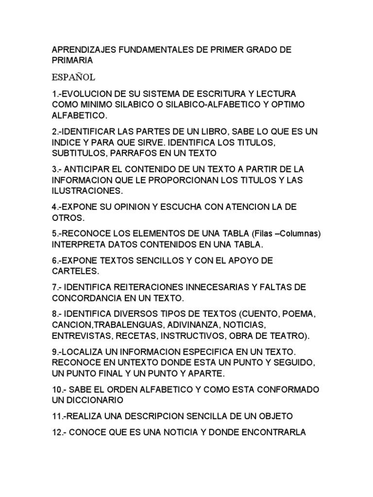 Aprendizajes Fundamentales de Primer Grado de Primaria PDF