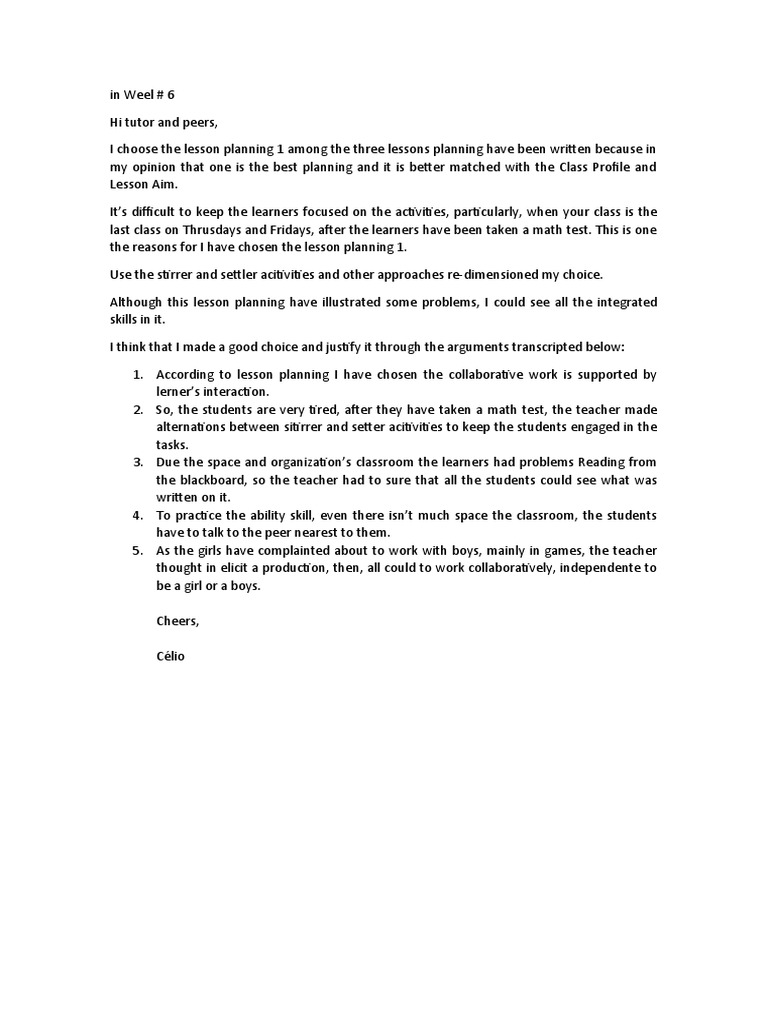 Week 6 Class Profile and Lesson Aims | PDF