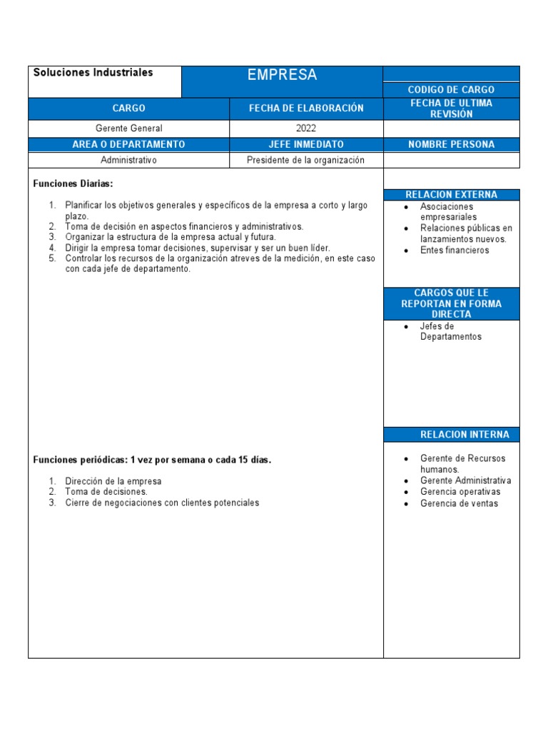 Formato Diseño Perfil de Gerente General | PDF | Business | Presupuesto