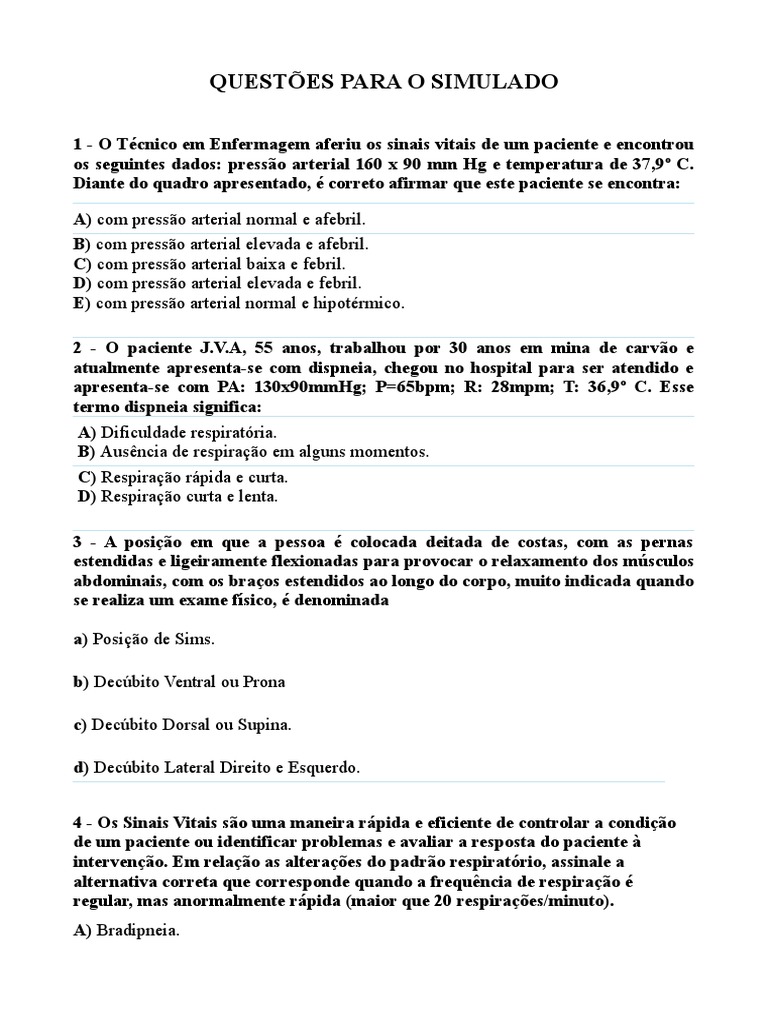 Questões sobre sinais vitais, posicionamentos, cuidados de enfermagem e ...