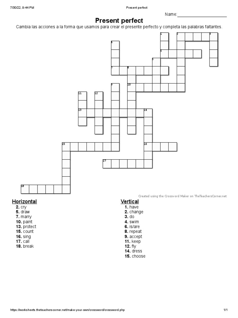 Present Perfect Crossword Puzzle | PDF