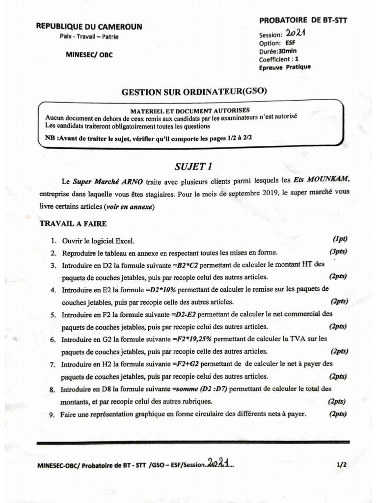 Epreuve de gestion sur ordinatruergso probatoire de bt stt specialite