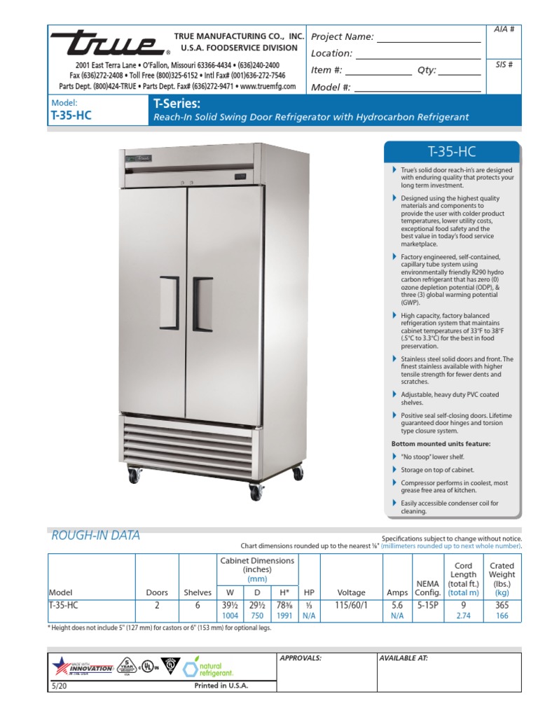 Product Specifications and Features of the True Manufacturing T-35-HC ...