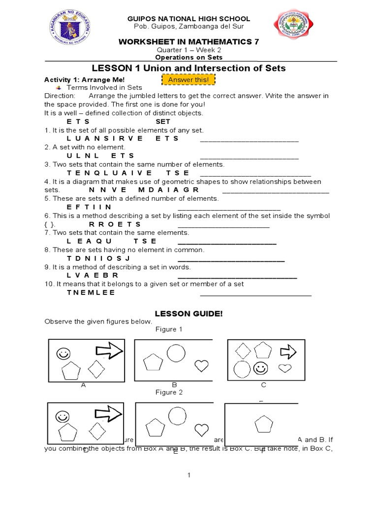WORKSHEET Math7 Week2 | PDF | Set (Mathematics) | Mathematics