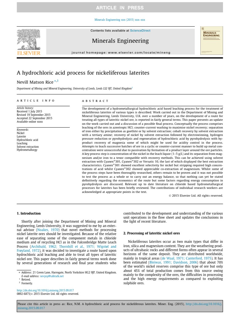 A Hydrochloric Acid Process For Nickeliferous Laterites | PDF | Nickel ...