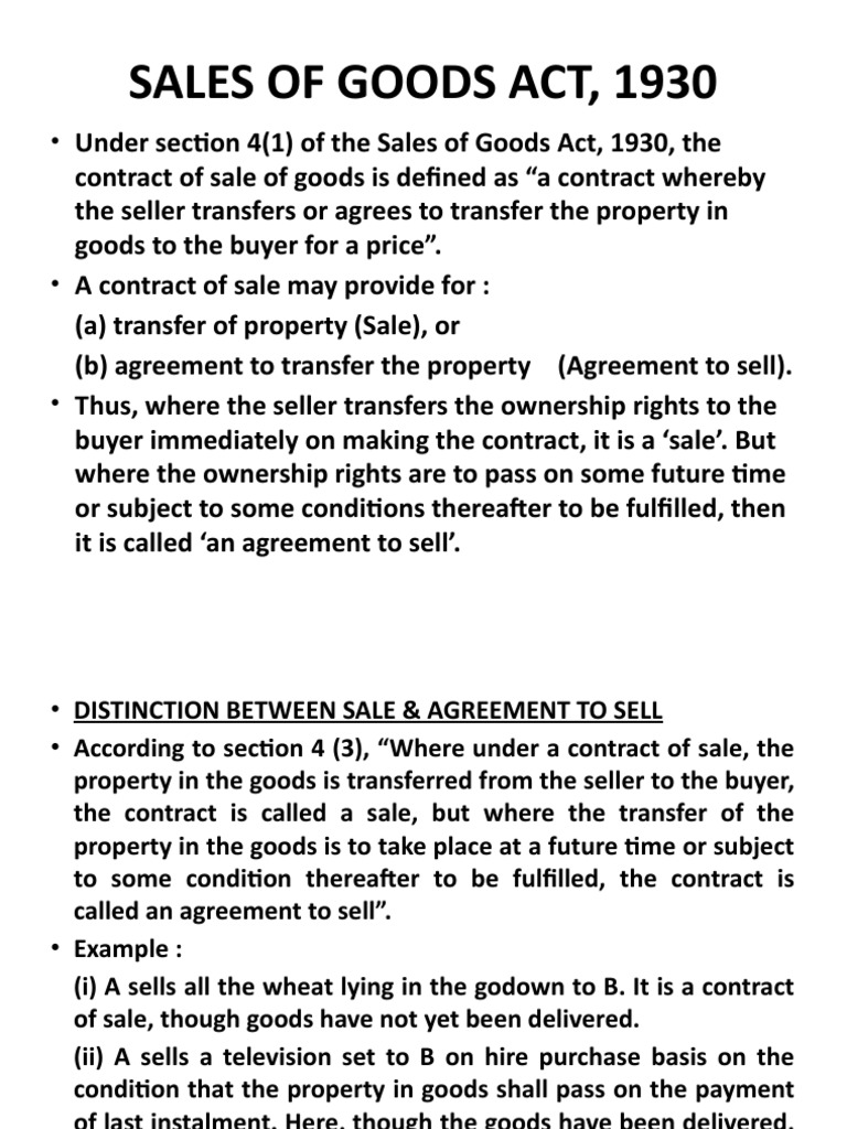 Sales of Goods Act, 1930 PDF Breach Of Contract Implied Warranty