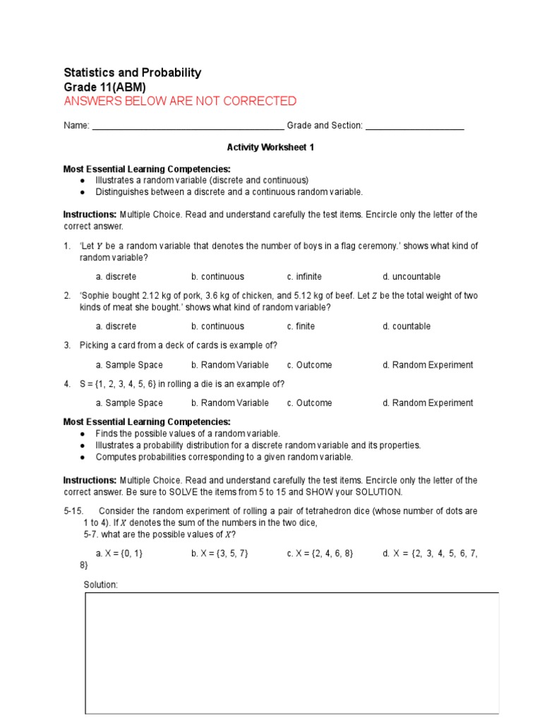 Grade 11 Statistics & Probability Worksheets | PDF | Normal ...