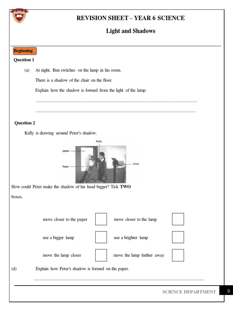 Year 6 Science: Light and Shadows Revision | PDF | Shadow | Mirror
