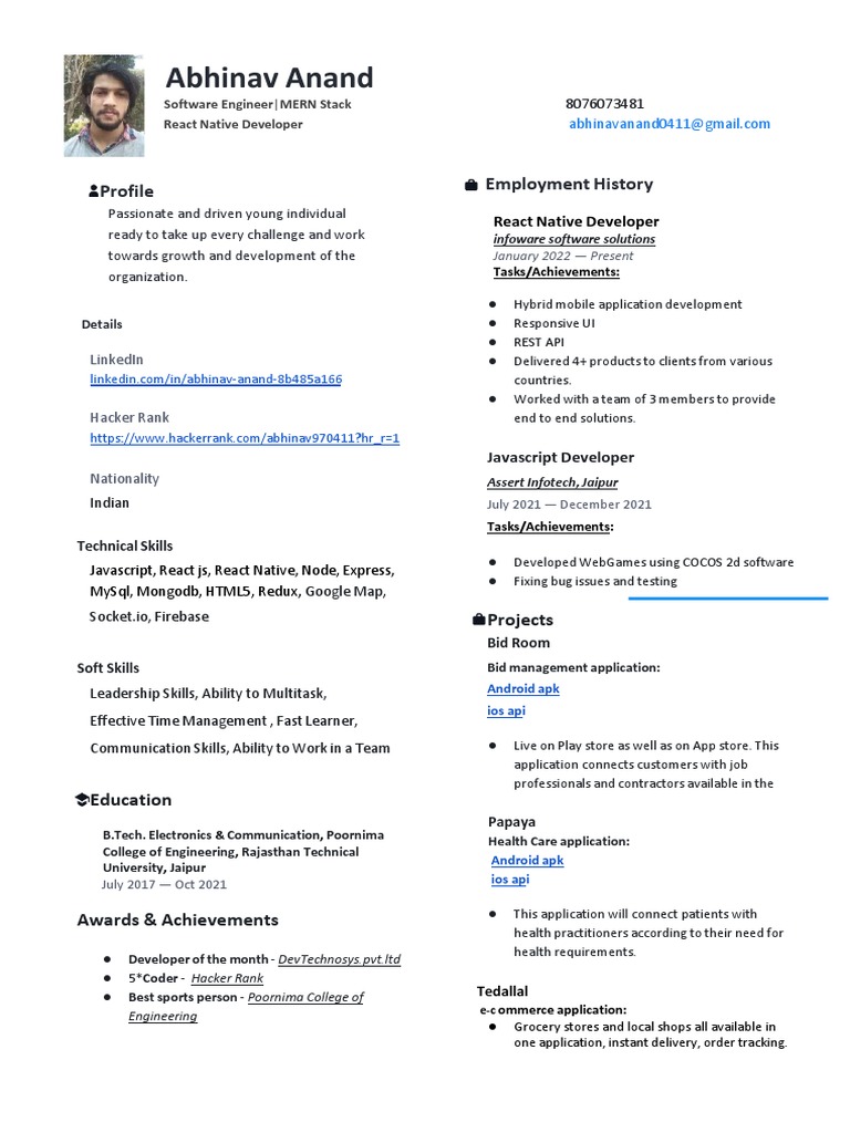 Abhinav Anand: MERN Stack & React Native Developer Profile | PDF ...