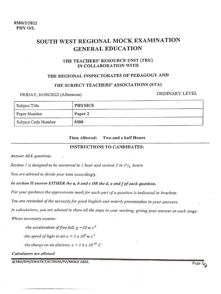 Gce ordinary level sw mock 2022 physics paper 2 pdf