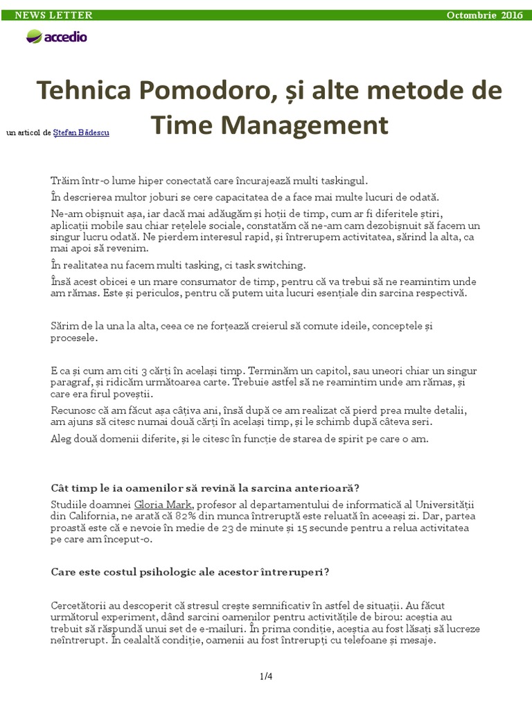 Tehnica Pomodoro Plus Alte Trei Metode Time Management | PDF