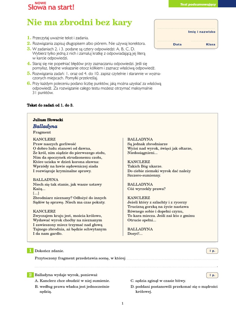 Balladyna Sprawdzian 7 B PDF