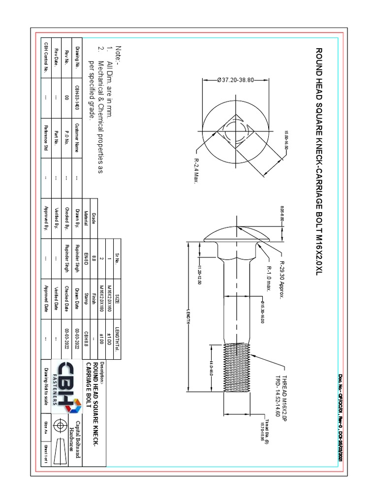 Technical specifications and dimensions for round head square neck