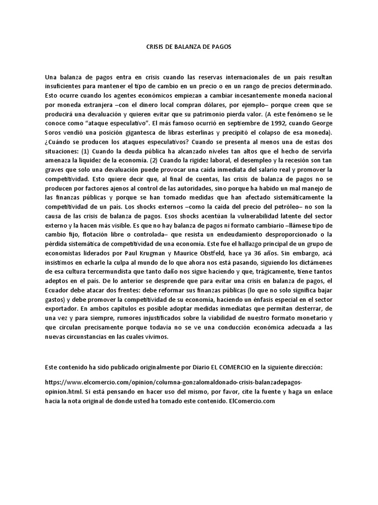 Análisis de Crisis de Balanza de Pagos. | PDF | Deuda | Balance de pagos