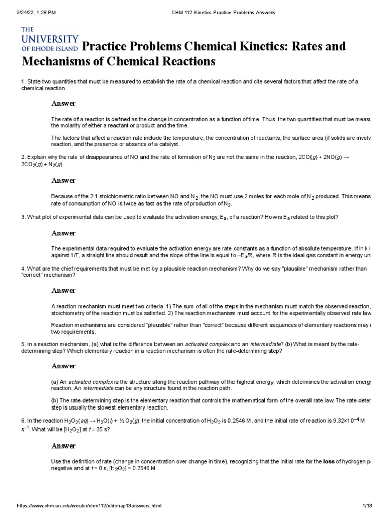 CHM 112 Kinetics Practice Answers | PDF | Reaction Rate | Chemical Kinetics