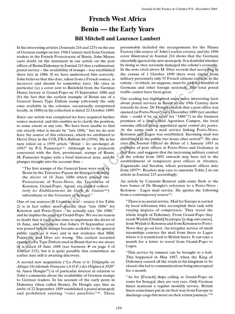 Bénin Postal history 18861892 PDF Mail Service Industries
