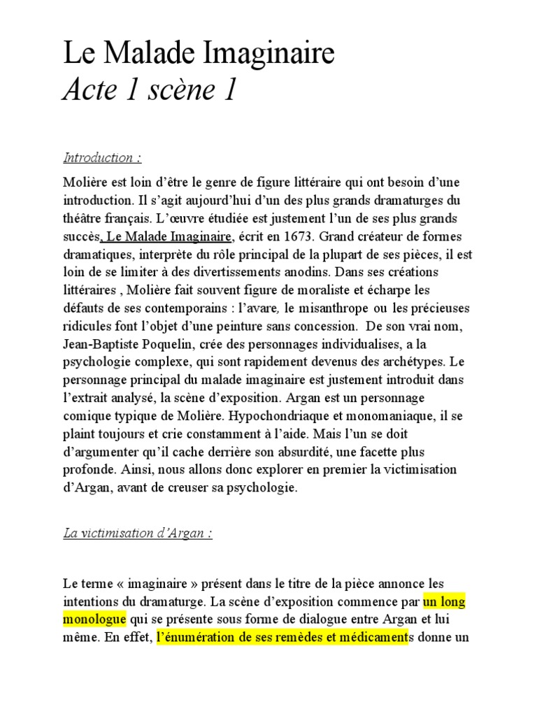 Dissertation Sur Le Malade Imaginaire Le Malade Imaginaire, Scene D'exposition | PDF | Molière