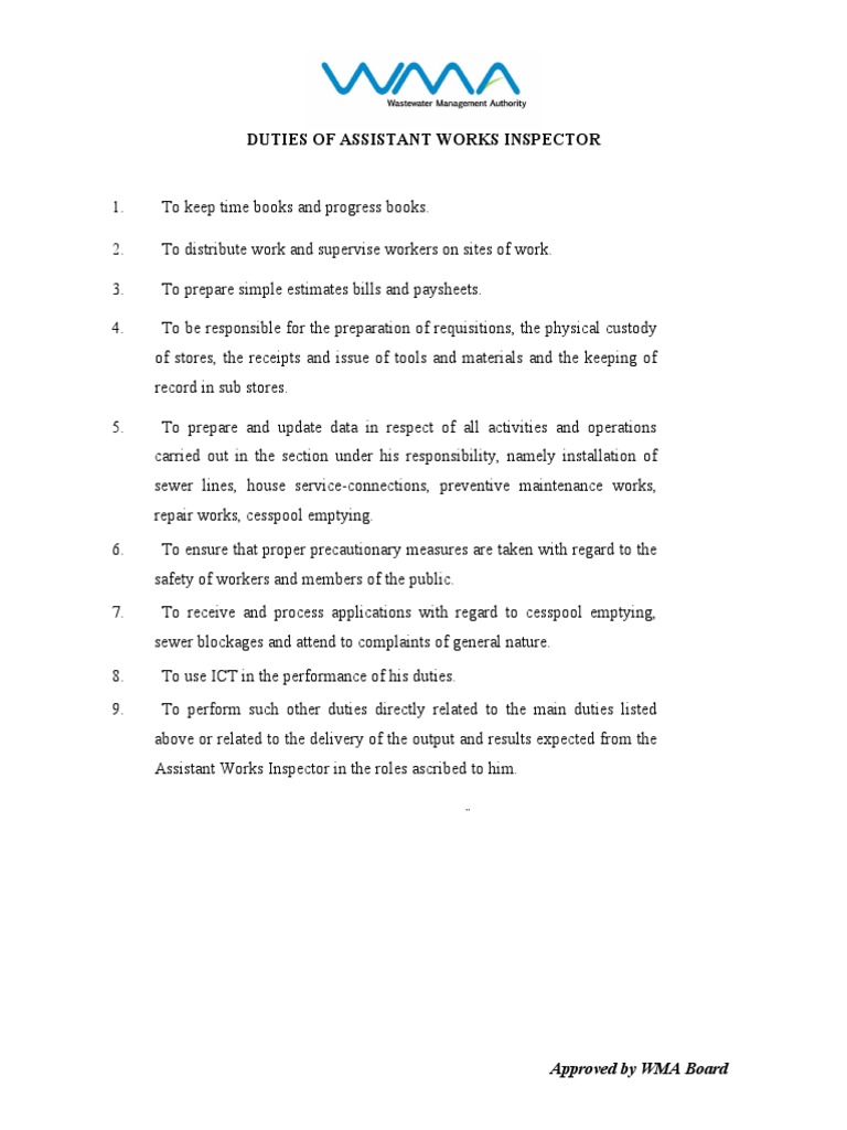 Duties Assistant Works Inspector | PDF | Technology & Engineering