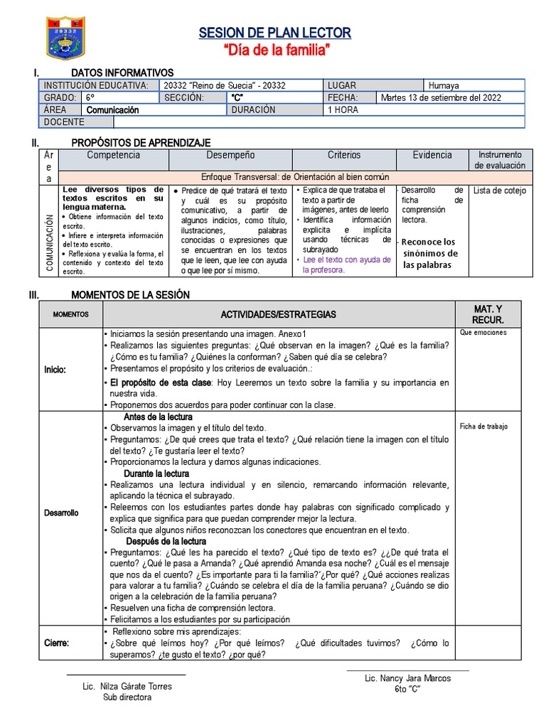 Sesión de Plan Lector: Día de la Familia | PDF | Evaluación | Perú