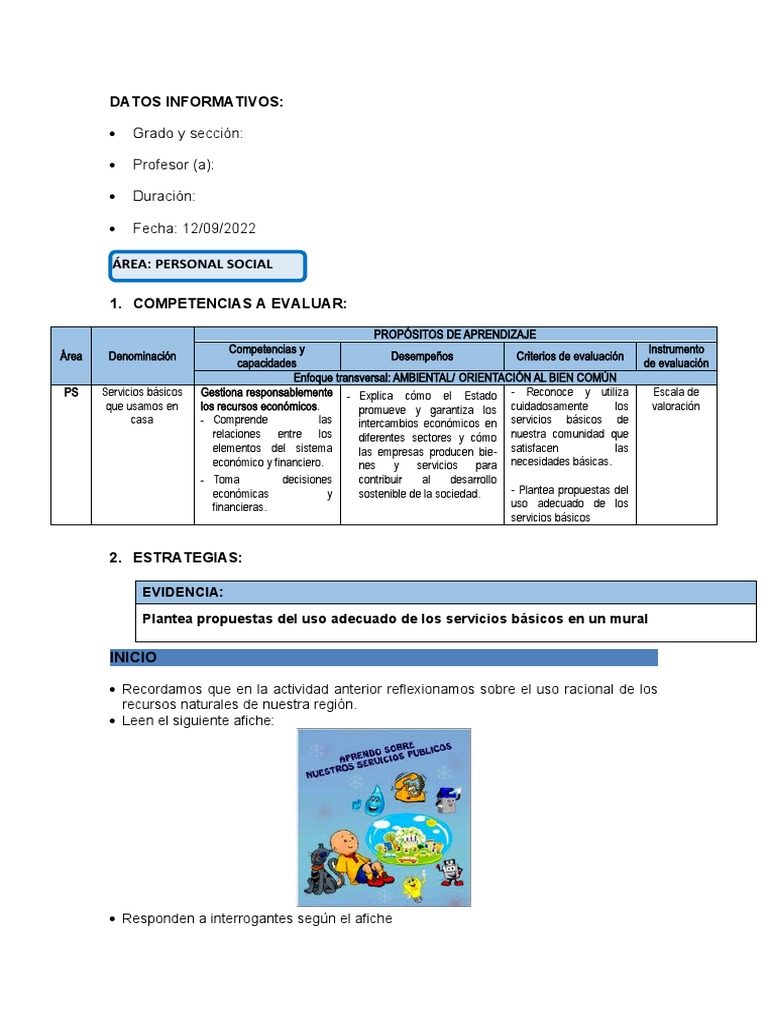 Sesion de Uso de Los Servicios Basicos | PDF | Evaluación | Agua