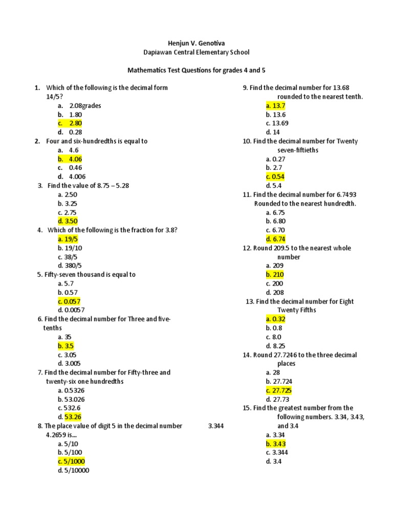 Quiz bee sample questions pdf numbers decimal