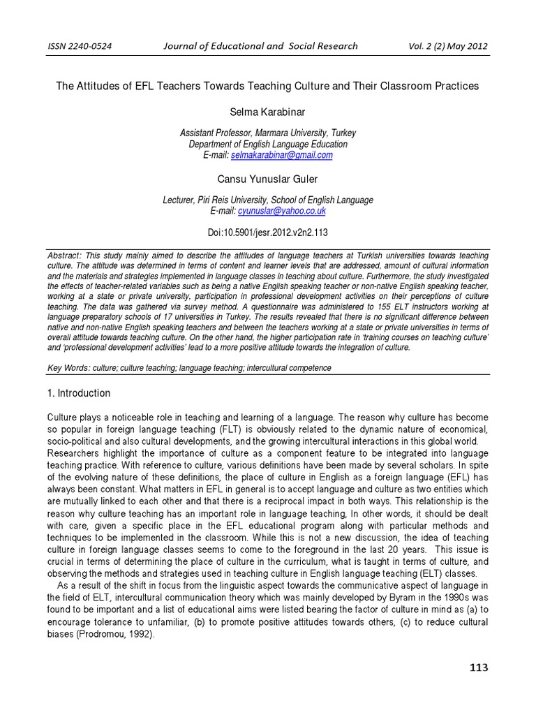 EFL Teachers' Attitudes on Culture Teaching | PDF | Teaching Method ...