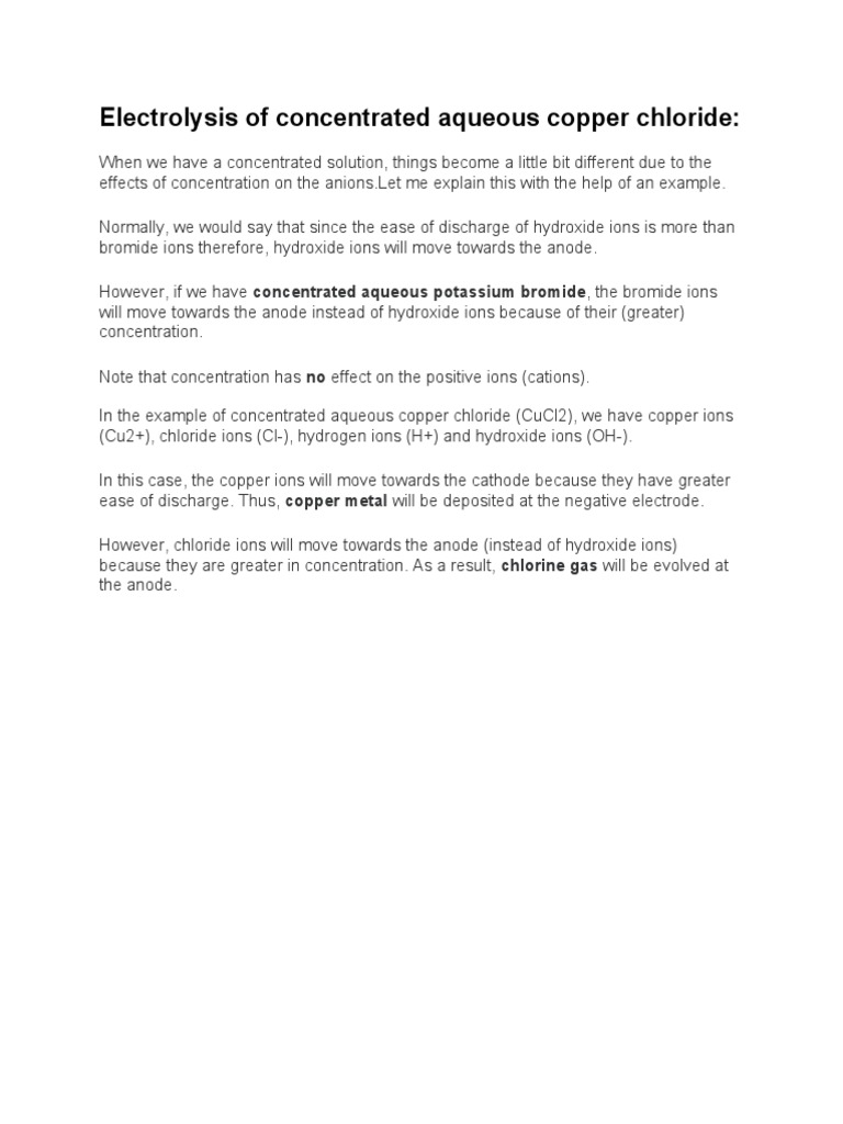 Electrolysis of concentrated aqueous copper chloride1 PDF