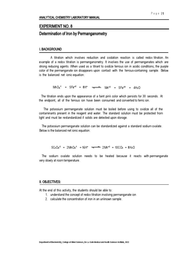 Experiment 8 Complexometric Titration (Permanganometry) PDF