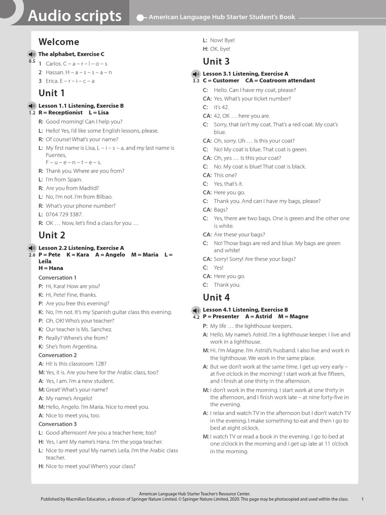 ALH Starter Student's Book Audioscripts | PDF