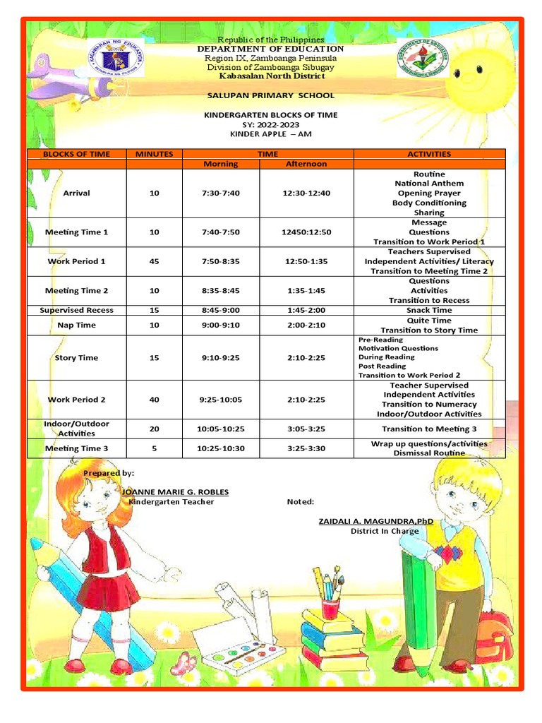Kindergarten Blocks of Time Schedule for Kinder Apple Class at Salupan