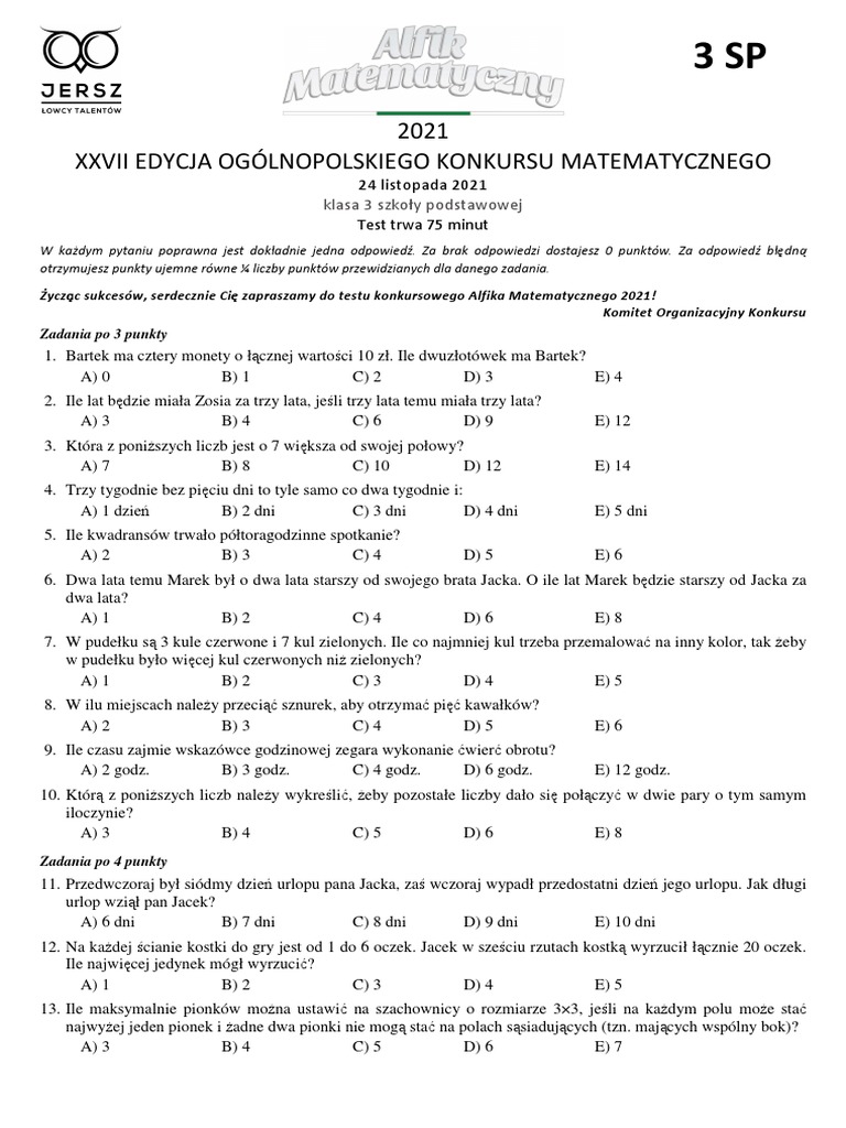 Alfik Matematyczny Klasa 4 Odpowiedzi Alfik Matematyczny 2021 3 SP | PDF